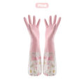 Dishwashing Gloves Single Layer Household Chore Splicing Sleeve Waterproof Gloves Plush Elastic Band Mouth Rubber Gloves. 