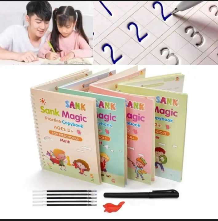 Pack of 4 magic practice books with 1 pen and 10 refills