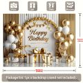 Multi functional Happy Birthday banner, paired with gold and white balloons and a large bow.