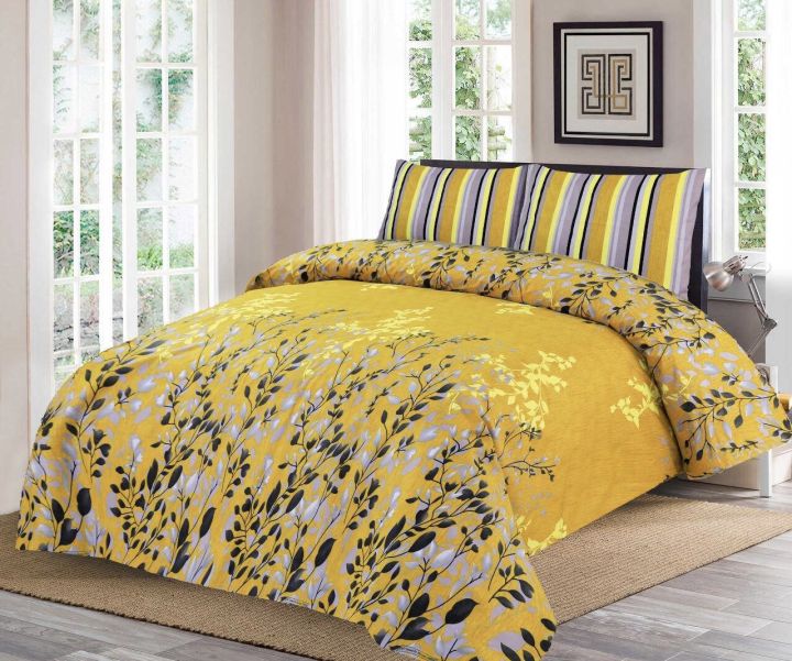 3 pcs cotton printed double bedsheet || causal bead sheet || yellow bedsheet