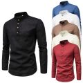 Men's solid color casual slim fitting standing collar long sleeved business shirt shirt. 