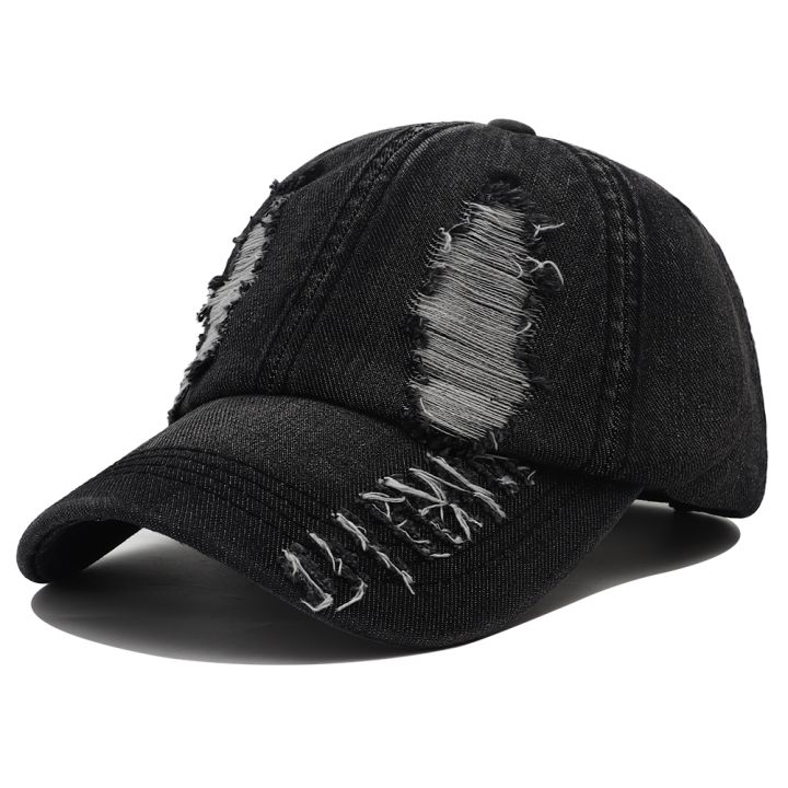 2024 New Solid Color Ripped Baseball Cap Washed Denim Snapabck Hat Hip Hop Breathable Streetwear Distressed Hats for Women Men