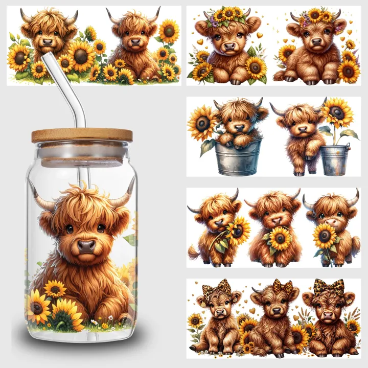 5 sheets cute cow UV DTF cup sleeves 16 oz, DTF cup sleeve transfer glass, water bottle waterproof stickers