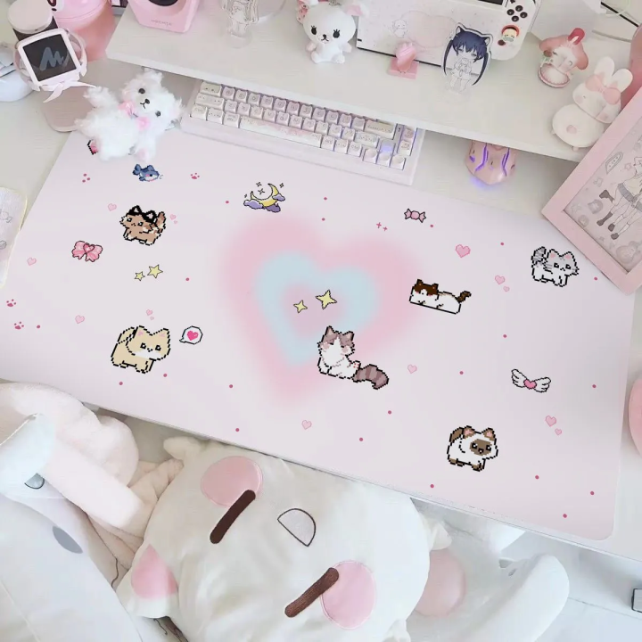Kawaii Cartoon Pixel Kitten Large  Mouse Pad Speed Gaming Keyboard Desk Mat for Office