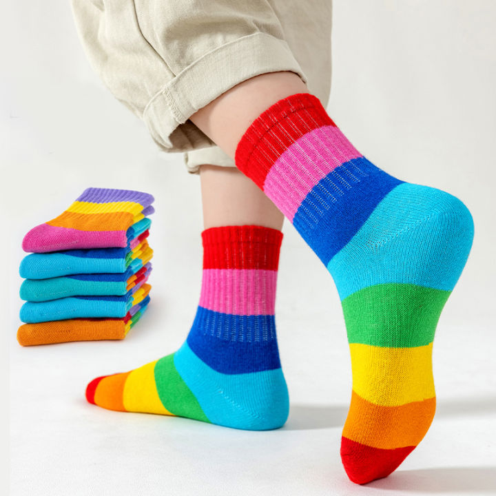 5%20Pairs%20Girl's%20Rainbow%20Pattern%20Socks%20Cotton%20Comfortable%20Breathable%20Soft%20Kids%20Socks%20-%20Image%202