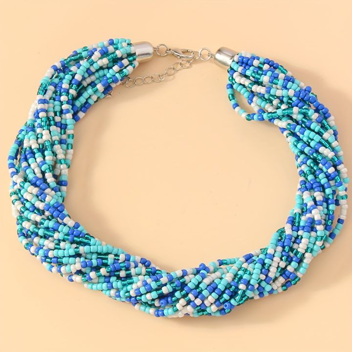 1pc%20Bohemian%20Green%20Blue%20Fashionable%20Elegant%20Simple%20Multi%20Layer%20Rice%20Bead%20Necklace%20Women's%20Clavicle%20Chain%20-%20Image%204