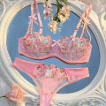 Sweety Women Floral Embroidery Bra And Briefs Set Hollow Sleepwear Underwear Ultrathin Lace Transparent Babydoll Cute No-pad Bow.
