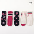 5 pairs of girls', medium, and large children's heart-shaped striped pattern floor socks, mid tube socks, anti slip, wear-resist.