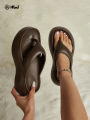New Summer Women's Flip-Flops, Fashionable Wedge-Heeled Dark Brown Thick-Soled Sandals, Outdoor Casual Beach Shoes, High-Heeled Flip-Flops. 