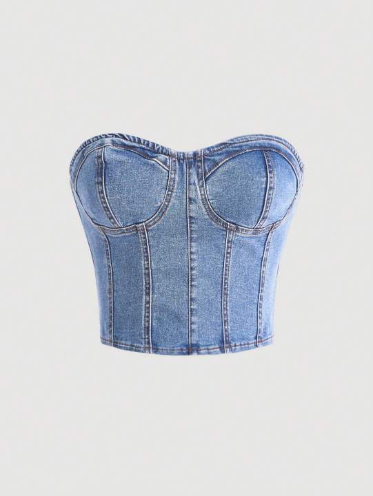 European style plunging neck denim spring new style  and intense allure fitted waist shaping design