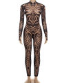 Sisterlinda Fashion Print Jumpsuits Woman Turtleneck Full Sleeve See Through Skinny Peach Hip Street Wild Style Overalls.