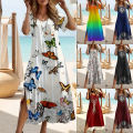 Elegant Summer Plus Size V-Neck Butterfly Print Dress - Split Hem Short Sleeve Women's Fashion.