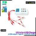 12V to 24V Universal Battery Clip Charger | Fast Charger with Display Screen, 6 USB Ports, 1 Type-B, and Pin Charging. 