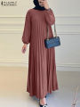 2025 ZANZEA Autumn Elegant Dresses Women O Neck Long Sleeve Sundress Muslim Dubai Abaya Robe Femme Solid Pleated Maxi Vestidos. 