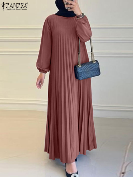 2025%20ZANZEA%20Autumn%20Elegant%20Dresses%20Women%20O%20Neck%20Long%20Sleeve%20Sundress%20Muslim%20Dubai%20Abaya%20Robe%20Femme%20Solid%20Pleated%20Maxi%20Vestidos%20-%20Image%203