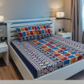 King Size Premium Bed Sheet 88" x 98" with 2 Pillow Covers | Multicolor & Shaped Motif Print on Blue. 