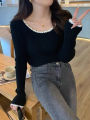 2026 Women Long Sleeve Slim Soft Tops Autumn Winter Square Neck Knitted Pullovers Casual Versatile Color Blocking Sweater.