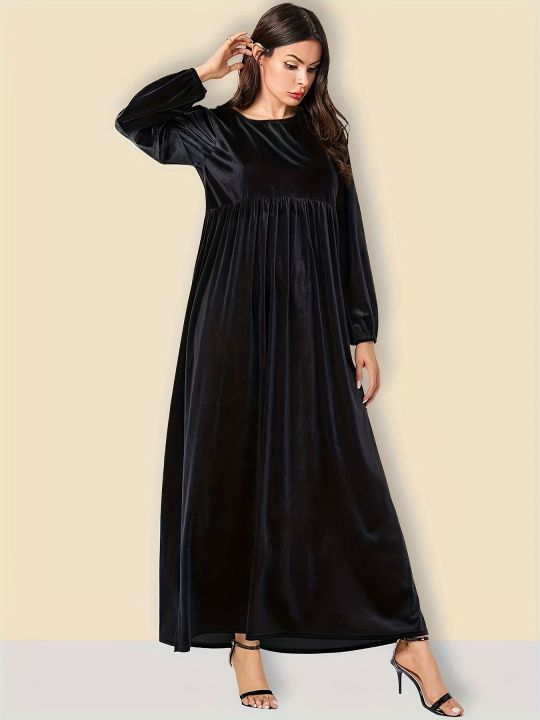 Plus Size Women's Velvet Maxi Dress Long Sleeve Round Neck High Waist Loose Casual Modest Long Dress