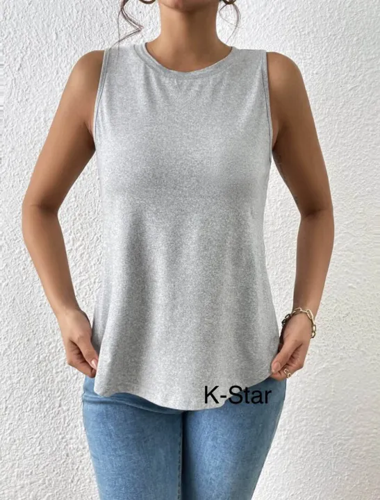 Solid%20Curved%20Hem%20Tank%20Top%20Grey%20Casual%20Collar%20Fabric%20Plain%20Tank%20Embellished%20Medium%20Stretch%20Women%20Clothing%20-%20Image%204