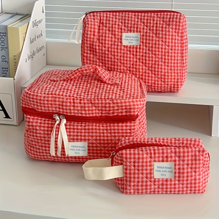 Plaid Makeup Bag Large Capacity Portable Cosmetic Bag For Women Girls Skincare Toiletry Bag Multifunctional Cute Wallet Pouch