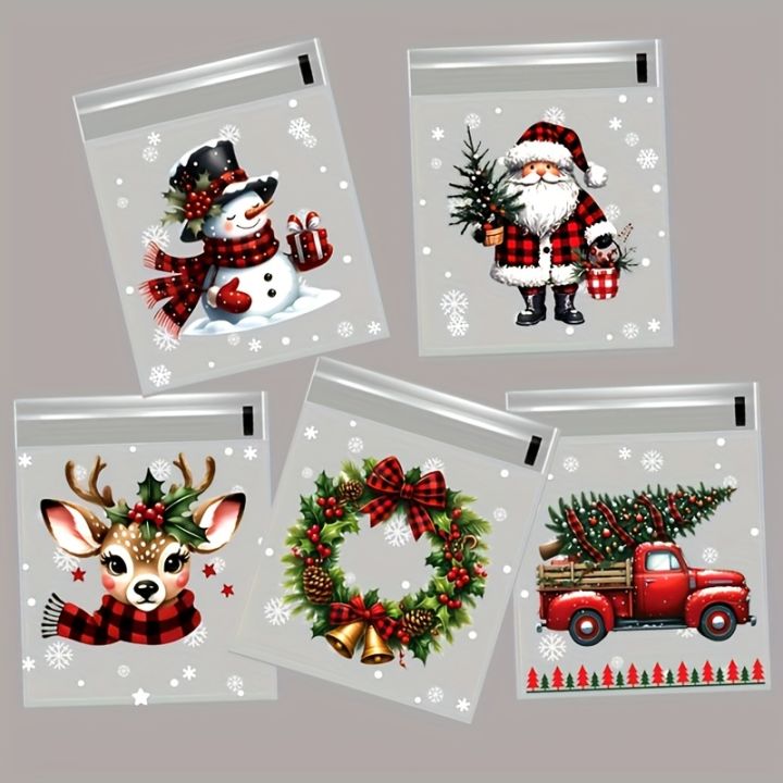 50/100pcs Christmas Wrapping Bags with Snowflake, Santa Claus, Reindeer, and Holly Print Self-Adhesive Packaging Bags