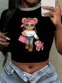 Kawaii Bear with Girls Design Cropped Girls Crop Top T Shirt Women's Print Shirt T-shirt Funny Top Tee. 