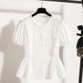 Summer 2026 French Style Sweet Lace Border Thin Top Plus Size Women's Shirts Waist Cinched Short Sleeved Doll Shirt Casual Tops. 