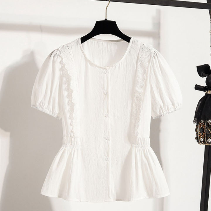 Summer%202026%20French%20Style%20Sweet%20Lace%20Border%20Thin%20Top%20Plus%20Size%20Women's%20Shirts%20Waist%20Cinched%20Short%20Sleeved%20Doll%20Shirt%20Casual%20Tops%20-%20Image%203