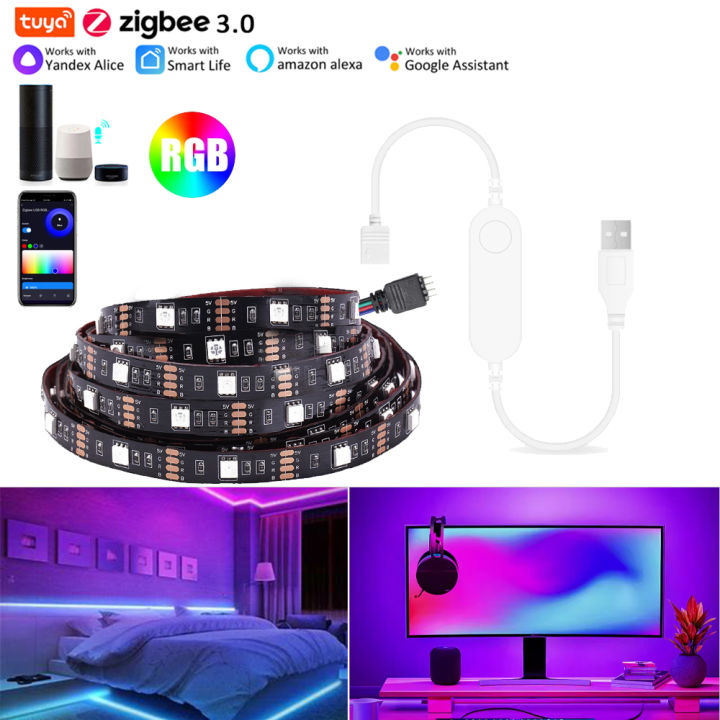 Zigbee USB 5V RGB LED Strip Light Tuya Smart Life APP Control  5050 Lamp Work With  Alexa  Home TV Back Lighting 2m 3m 5m lightify