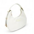 Elegant White Crescent Moon Bag with Gold-Tone Hardware and Adjustable Strap". 
