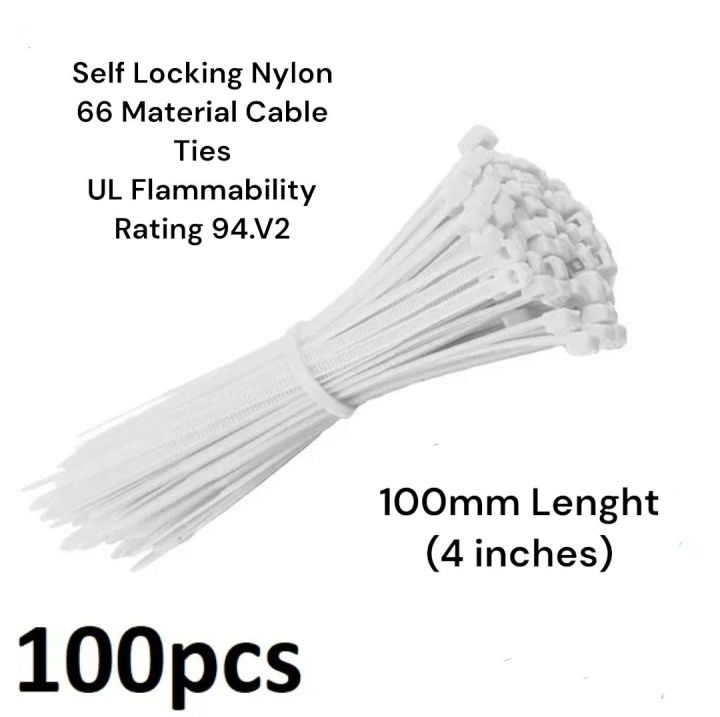 100pcs Cable 100mm (4 inches) Reusable Standard Self-locking Plastic Nylon Wire Zip String Tie White
