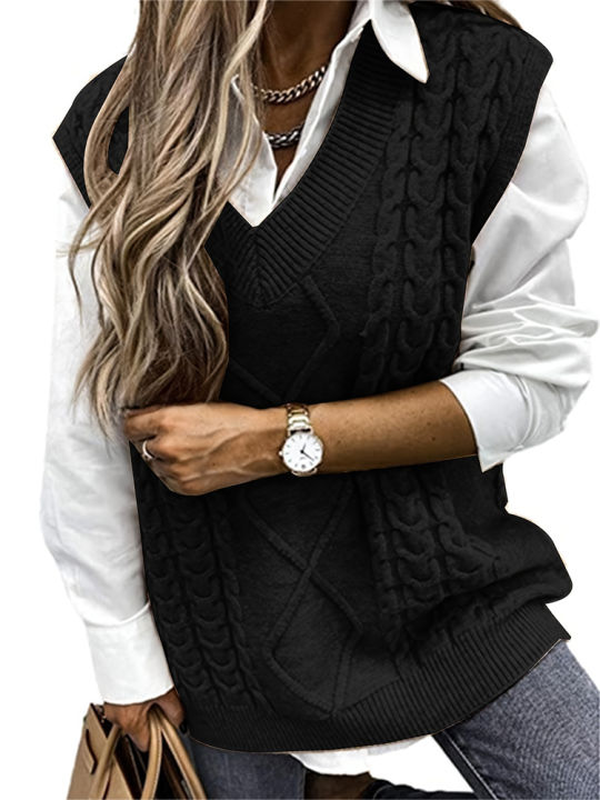 Women's plus Size Preppy V-Neck Sweater Vest Solid Argyle Knit with Slight Stretch Comfortable Casual Wear