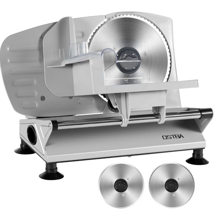 OSTBA Meat Slicer Electric Deli Food Slicer with Two Removable Stainless Steel Blades and Food Carriage, Adjustable Thickness Meat Slicer for Home, Food Slicer Machine for Meat, Cheese, Bread 150W