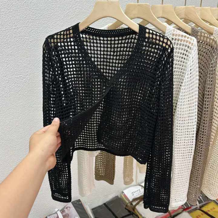 Single Button Crochet Mesh Cardigan for Women Semi Sheer Openwork Sunscreen Jacket Cover Up Summer Hollow-out Knitted Cardigan