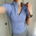 Women Summer Slim Yoga Tops Stand Collar Full Zipper Short Sleeves Shirts Solid Workout Clothes Gym Running Coats Lady Casual. 