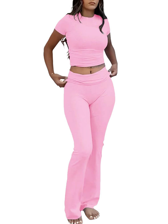 Casual%20Workout%20Two%20Piece%20Outfits%20for%20Women%20Short%20Sleeve%20Crop%20High%20Waist%20Foldover%20Flare%20Pants%20Tracksuit%20Sets%20Streetwear%20-%20Image%204