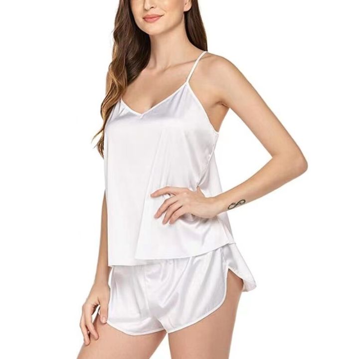 Women Sexy Ice Silky Pajamas Nightclothes Sleepwear Camisole And Shorts White Black Gray L XL XXL Comfortable Casual Summer