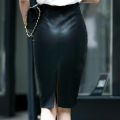 Women PU Leather Midi Skirt Autumn Winter Ladies Package Hip Front or Back Slit Pencil Skirt.