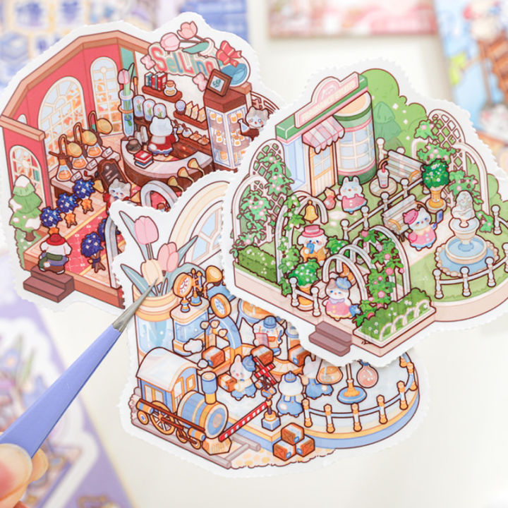 24pcs/bag%20zoo%20small%20class%20meow%20wow%20wonderland%20series%20scenery%20sticker%20book%20three-dimensional%20scene%20miniature%20sticker%20handbook%20DIY%20-%20Image%204