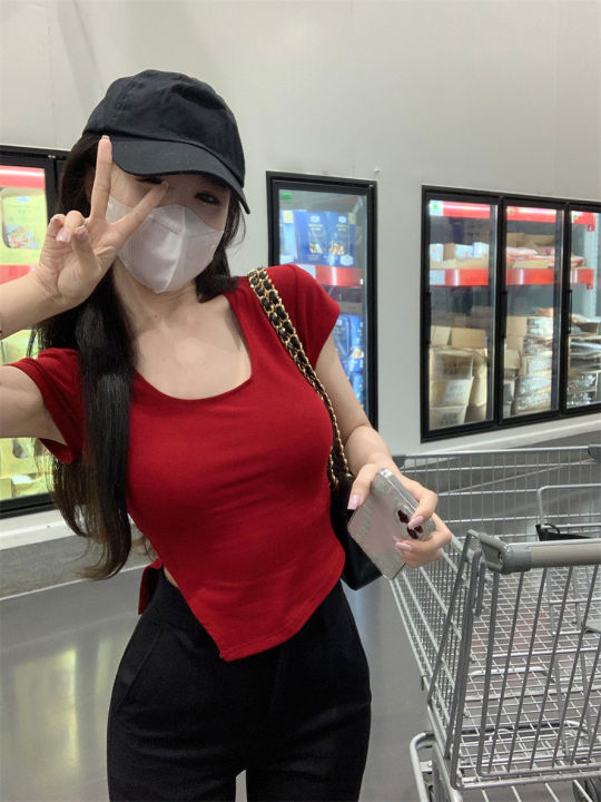 Sexy Slit Niche Design Crop Top Women Square Neck Slim Solid Short Sleeve Tee All-match Korean Popular Summer New Top