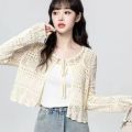Women's Summer Lace Knit Cardigan Long Sleeve V-neck Openwork Crochet Tie Front Sun Protective Shawl Versatile Cover-Up for Fall. 