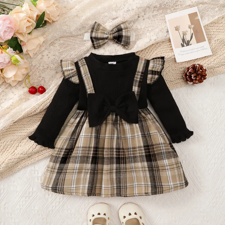 New%20Baby%20Girl%20Spring%20And%20Autumn%20Black%20Checkered%20Fake%20Two-piece%20Big%20Bow%20Headband%20Dress%20For%20Daily%20Outdoor%20Wear%20-%20Image%207