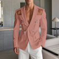 Men's Hollowed-out Chic Suits Blazer Textured Metal Buckle Solid Color Long Sleeve Jackets Popular Slim-fit Performance Costumes.