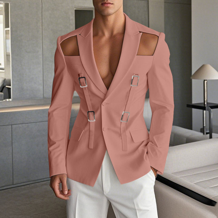 Men's Hollowed-out Chic Suits Blazer Textured Metal Buckle Solid Color Long Sleeve Jackets Popular Slim-fit Performance Costumes