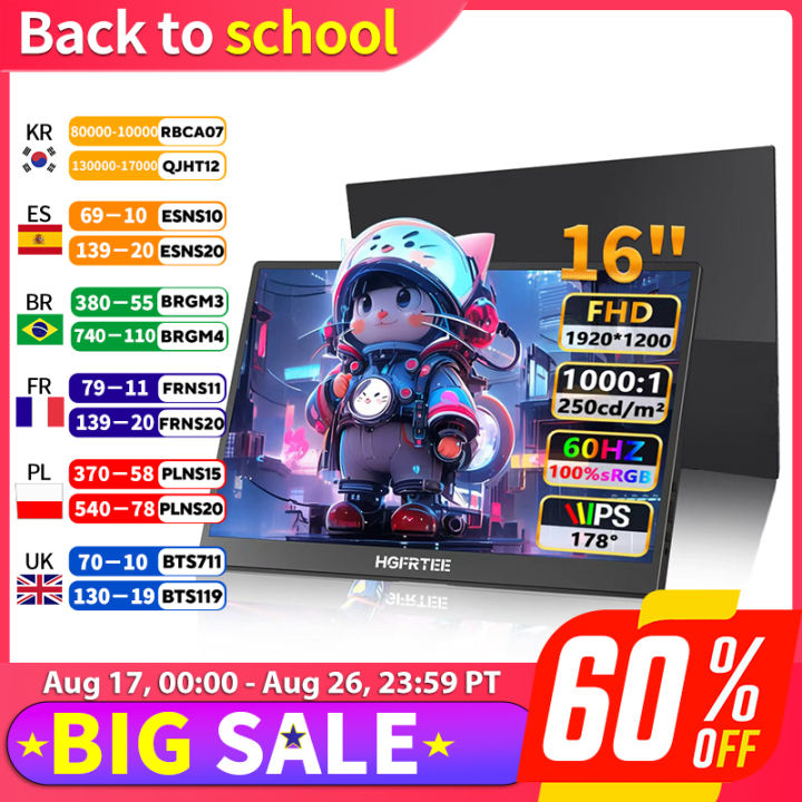 HGFRTEE 16 Inch Portable Gaming Monitor 1200P 60Hz with HDR USB-C Mini HDMI Compatible with Windows MacBook Switch Xbox PS4