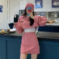 Set of 2 pieces Women's long-sleeved crop top + A-line short skirt Korean-style girl's dress Korean Cute Korean girl set. 