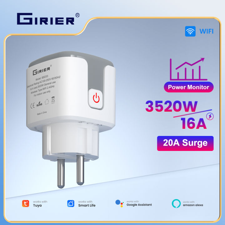 GIRIER Tuya Smart Power Plug 16A WiFi Wireless Wall Socket Outlet 3520W with Power Monitoring Function Supports Alexa Hey 