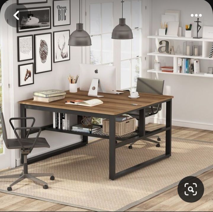 two  person office working table,47×47 inch extra large computer desk with open storage shelves