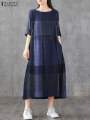 ZANZEA Women Cotton Linen Dresses Vintage Plaid Half Sleeve Midi Vestidos Casual O-neck Long Sundress 2023 Holiday Pocket Robes.