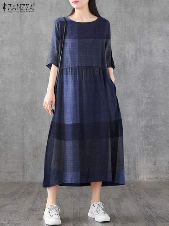 ZANZEA%20Women%20Cotton%20Linen%20Dresses%20Vintage%20Plaid%20Half%20Sleeve%20Midi%20Vestidos%20Casual%20O-neck%20Long%20Sundress%202023%20Holiday%20Pocket%20Robes%20-%20Image%202